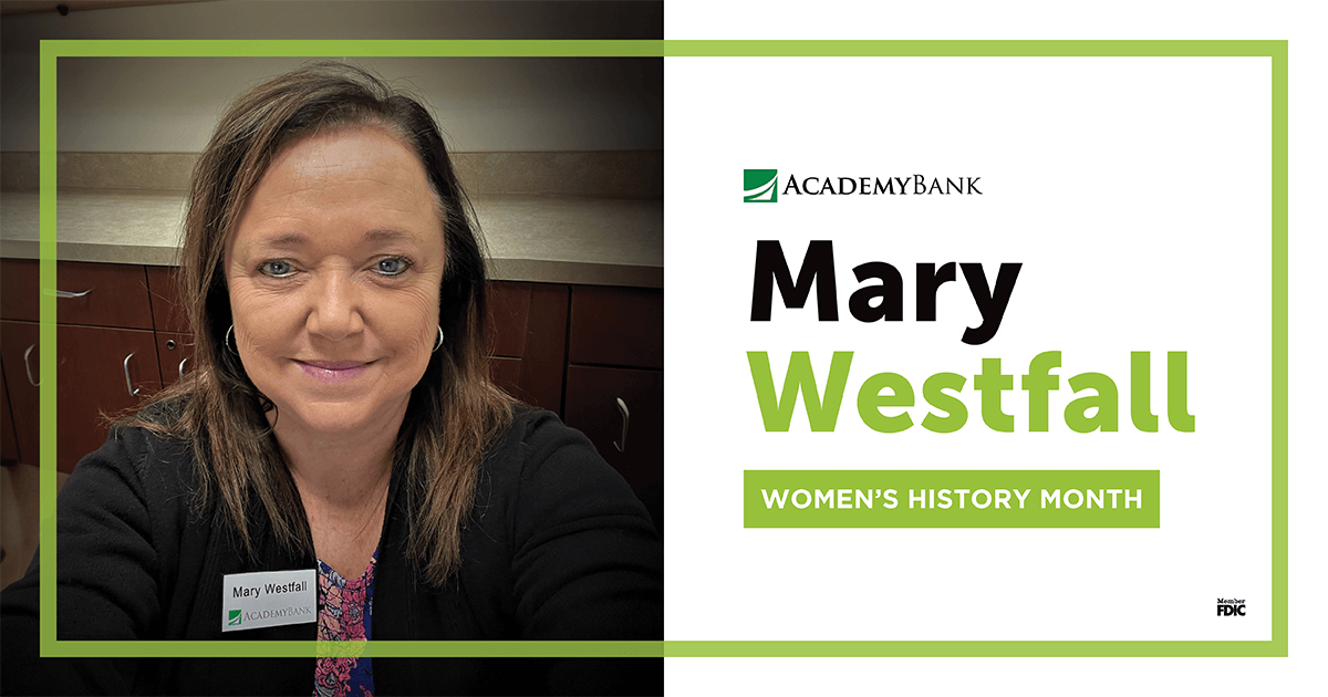 Mary Westfall, Academy Bank employee, highlighted for women's history month