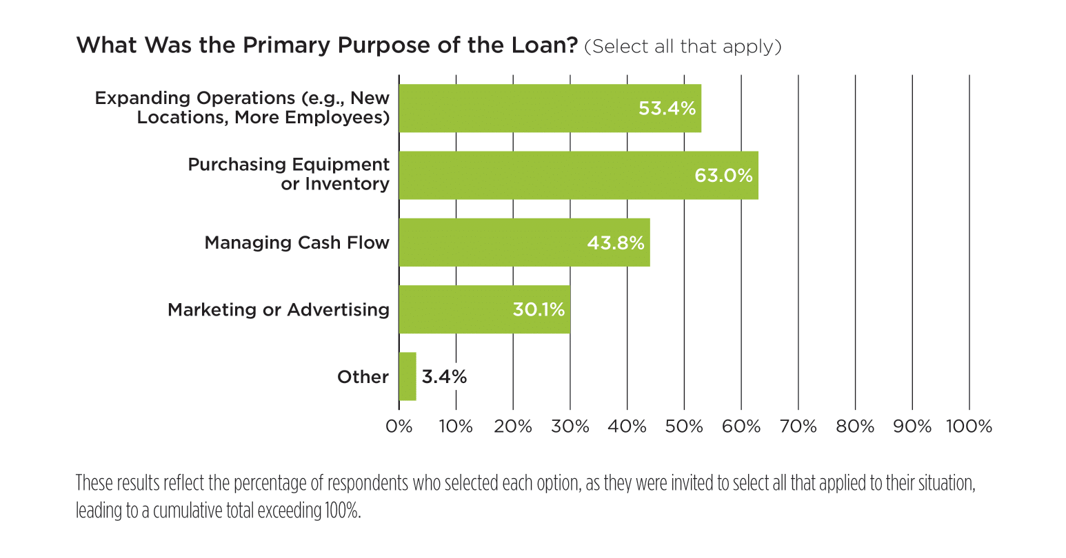 Bar graph depicting survey results from small business owners and their purposes for applying for business loans.