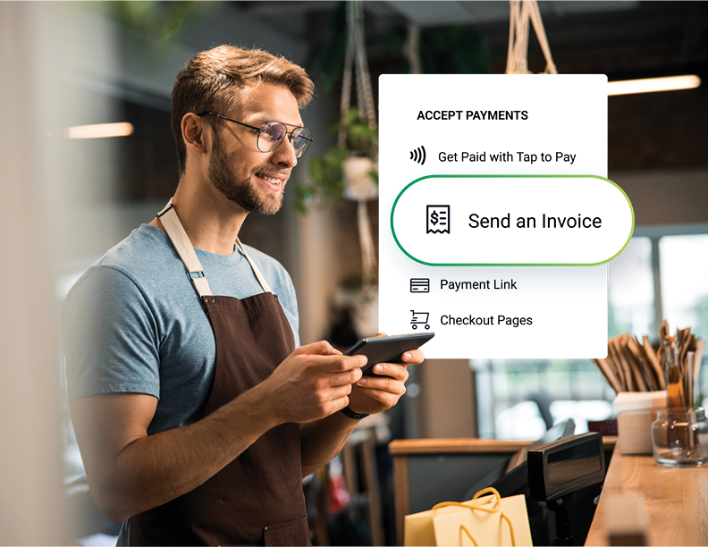 Business owner sending an invoice through their Academy Bank Business Banking account with Payments Suite