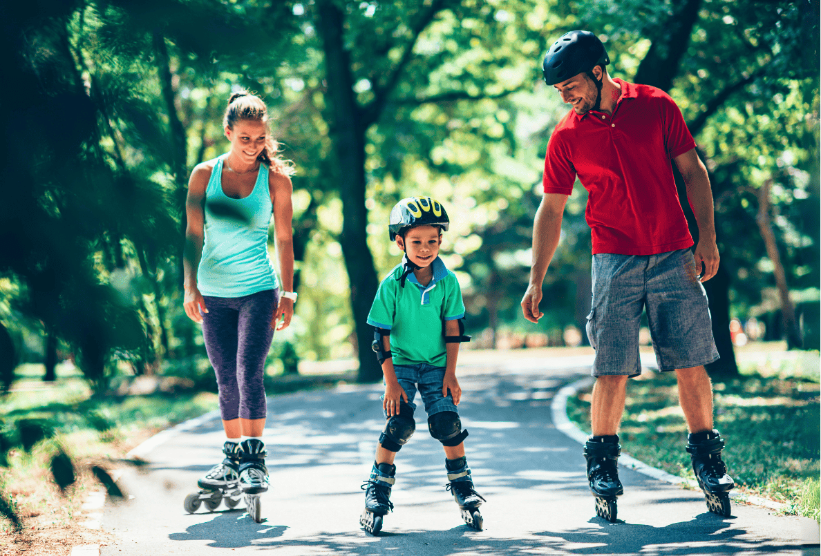 Family rollerblading in Rogers, Arkansas, which is where money market accounts are the best savings option.