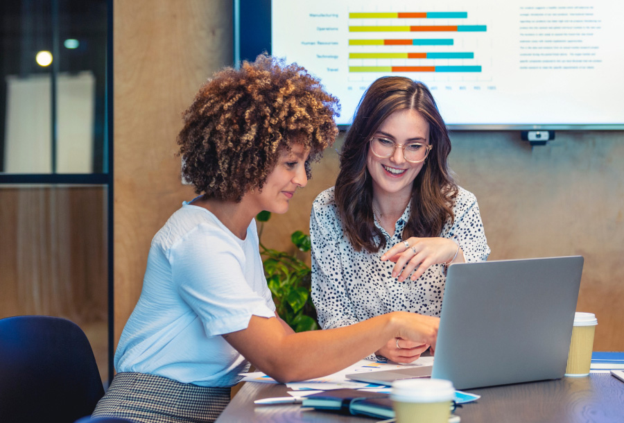 two coworkers using computer to collaborate on a work project