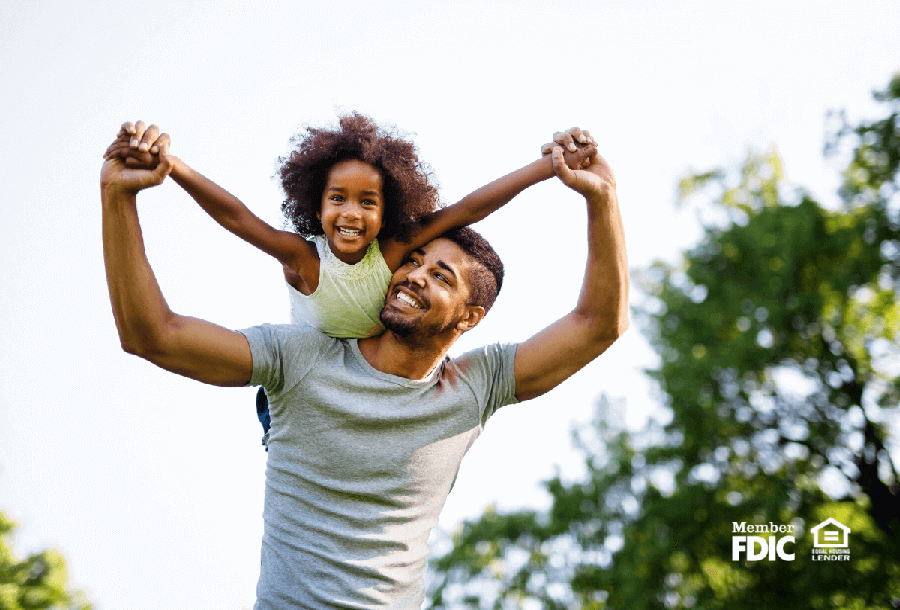 a father and daughter celebrate all of the great rewards available with a Academy Bank rewards checking account