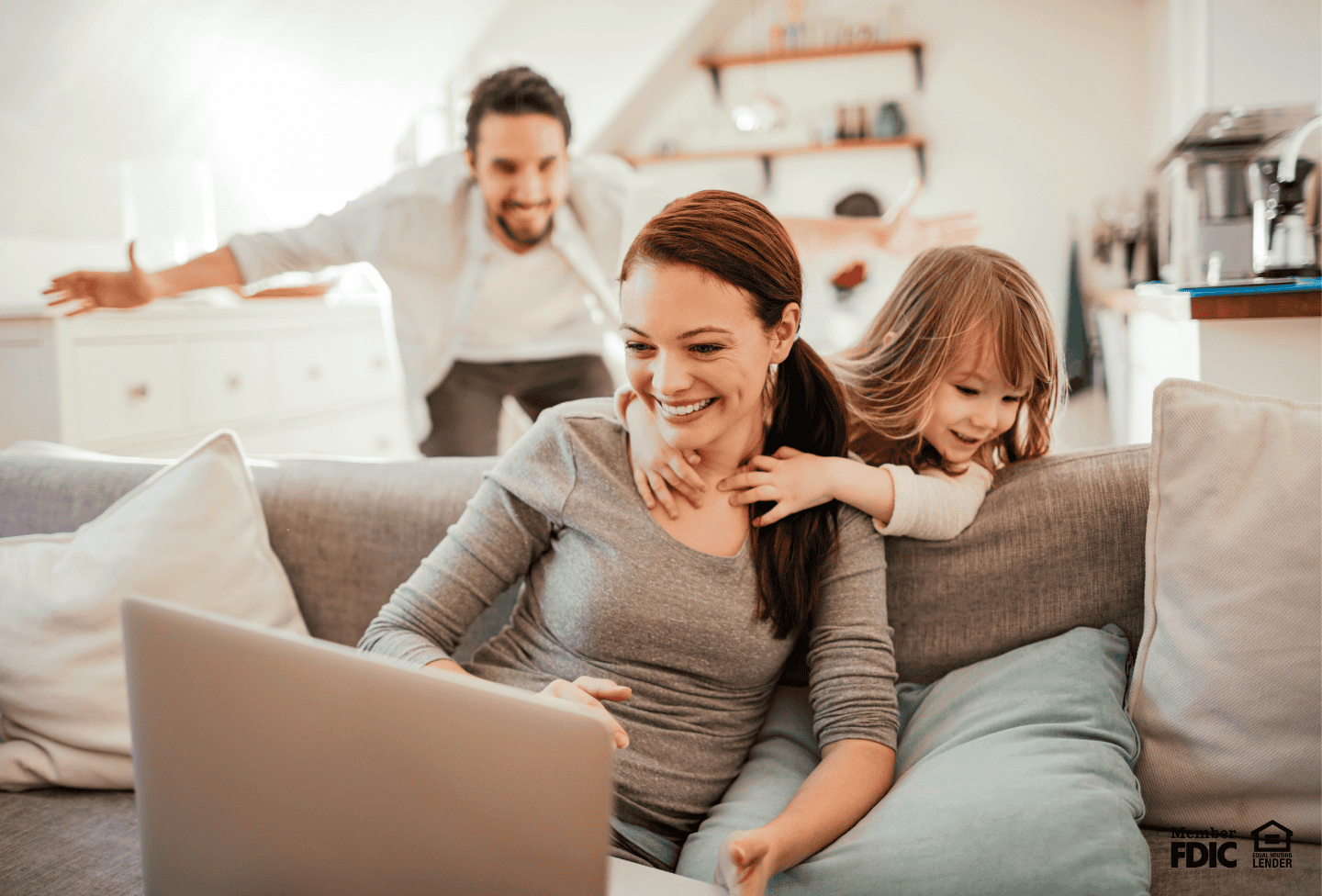Woman researching conventional home loans with her family.