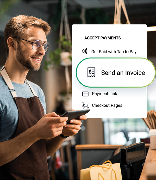 Business owner sending an invoice through their Academy Bank Business Banking account with Payments Suite