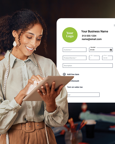 Business owner creating an invoice through their Academy Bank Business Banking account with Payments Suite