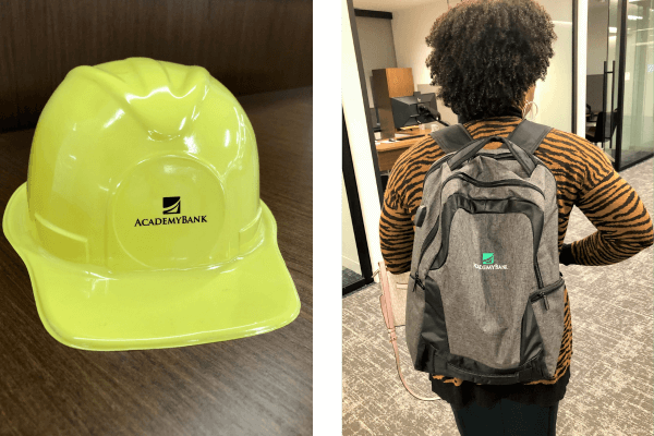 Academy Bank swag was provided on day 2 of welcome week to new offices