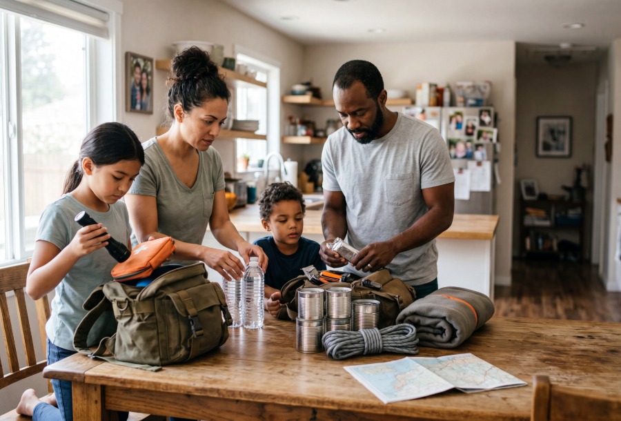 family of four packing a "go bag" in case of emergency