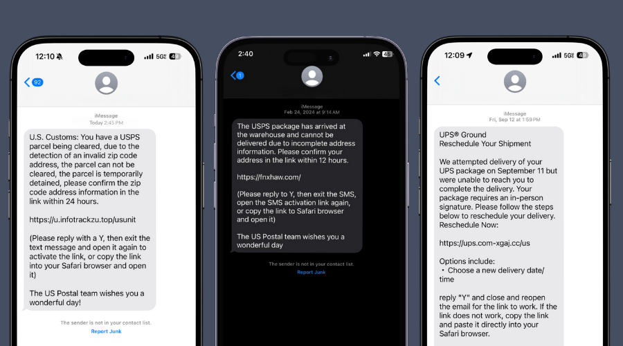 Examples of fake delivery texts from U.S. Customs, USPS, and more