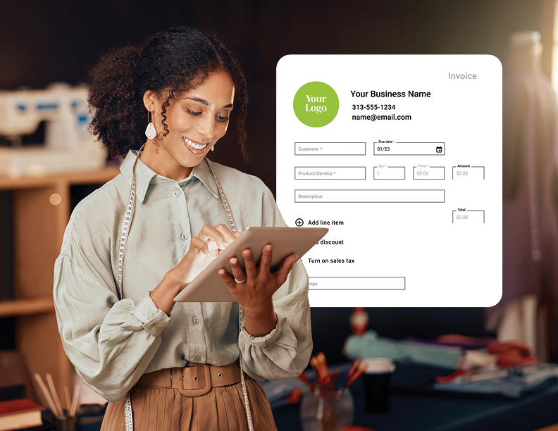 Business owner creating an invoice through their Academy Bank Business Banking account with Payments Suite