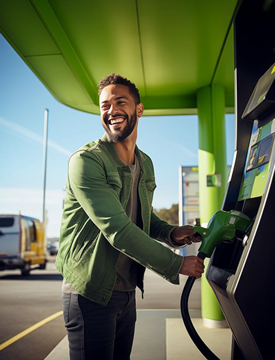 a happy man at a gas station reaches for the gas nozzel