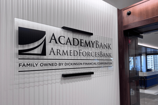 New Academy Bank and Armed Forces Bank office sign at new office